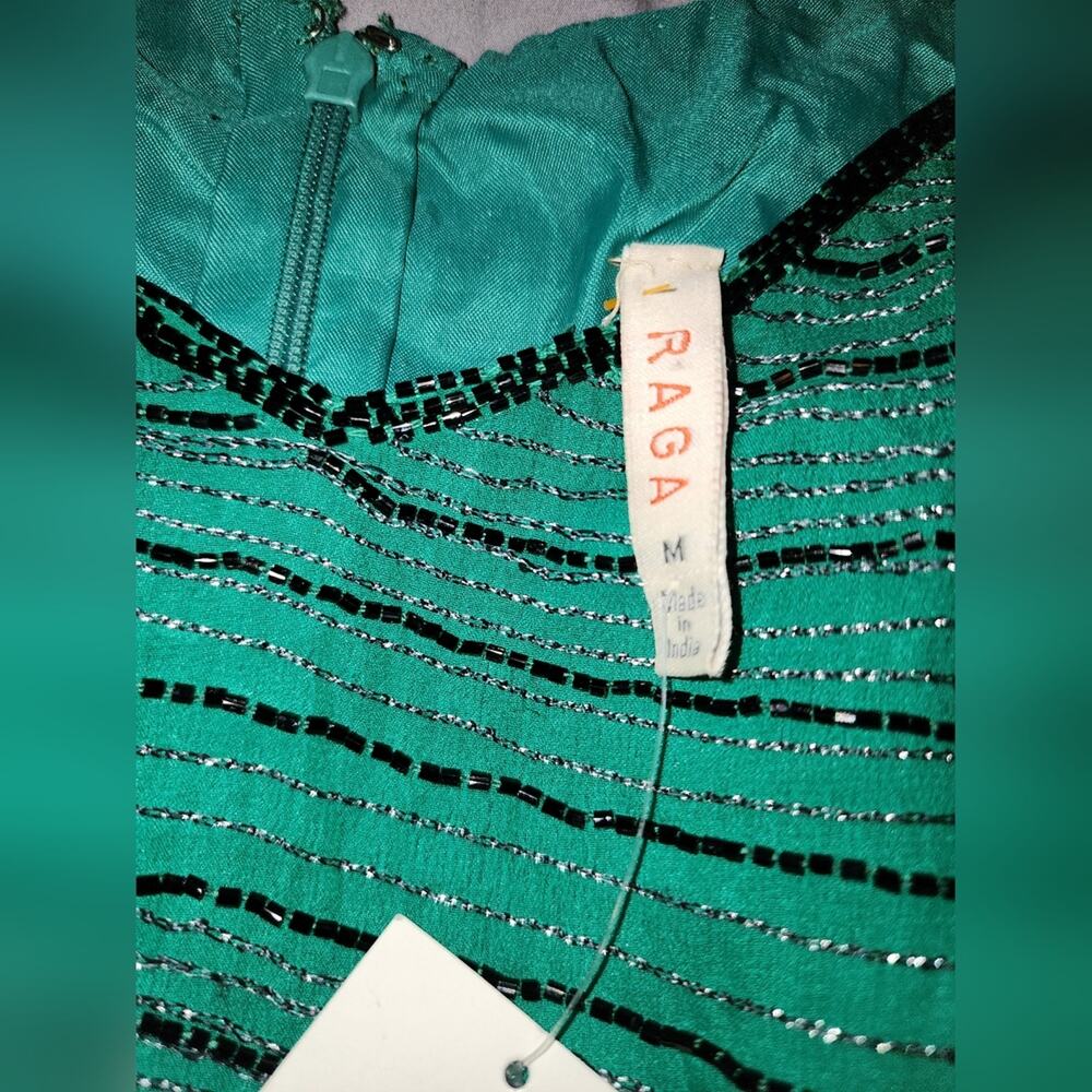 Anthropologie Raga Dress Womens M Silk Beaded Sleeveless Green Holiday New Years - Picture 3 of 12